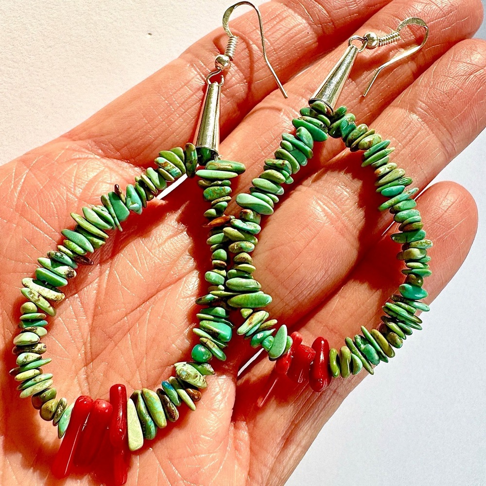 Jacla Navajo Earrings Turquoise Heishi 3in Dangle Hook Red Coral Loop Long 925